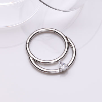 Detail View 1 of Classic Double Loop Teardop Sparkle Clicker Hoop Ring-Clear Gem